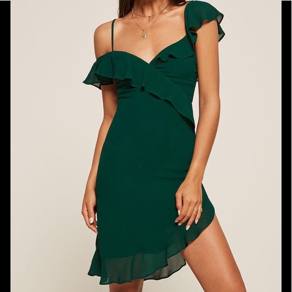 REFORMATION Adora Off the Shoulder Dress in Emerald